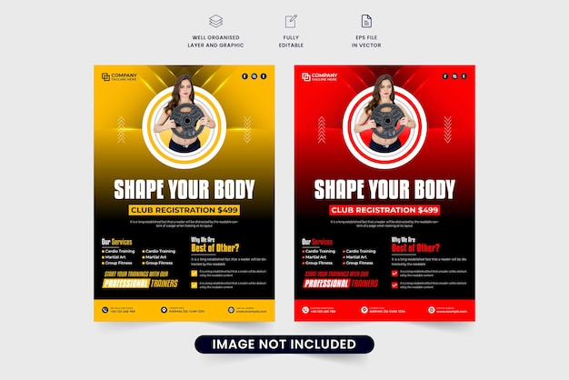Fitness club service and training center flyer vector with photo placeholders Gym flyer template layout is designed with yellow and red colors Bodybuilding training center business promotion flyer