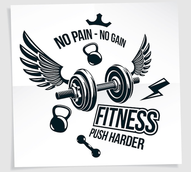 Fitness club vector advertising poster composed using disc weight dumb-bell and kettle bell sport equipment. no pain no gain writing.
