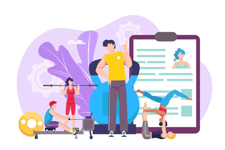 Vector fitness coach for healthy person sport vector illustration training exercise workout in cartoon gym