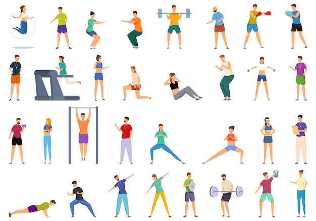 Vector fitness coaching training icons set cartoon vector gym coach persoon sport instructeur