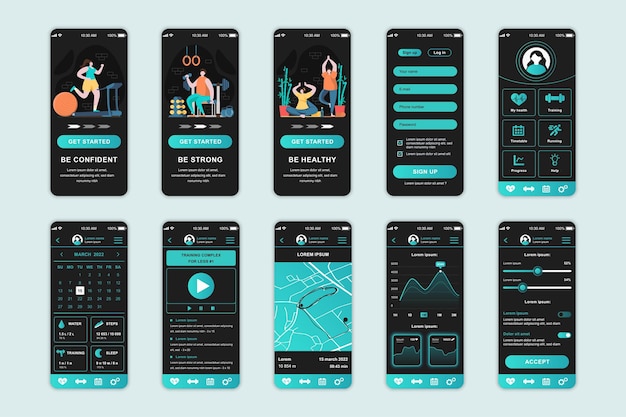 Fitness concept screens set for mobile app template UI UX GUI user interface kit