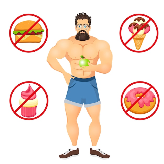 Fitness concept with sport bodybuilder bearded hipster with glasses. muscular fitness models. useful and harmful food. vector illustration isolated on white background.