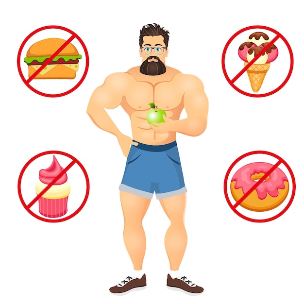 Fitness concept with sport bodybuilder Bearded Hipster with glasses. Muscular Fitness models. Useful and harmful food. Vector illustration isolated on white background.