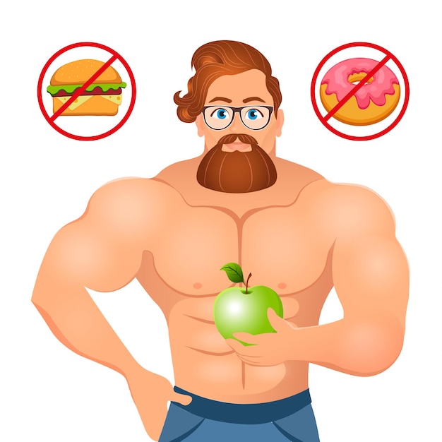 Fitness concept with sport bodybuilder bearded hipster with glasses and red hair.