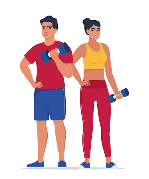 Fitness couple Man and woman dressed in sportswear are doing exercises with dumbbells