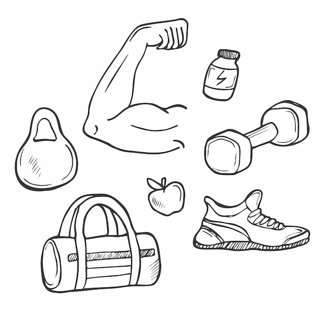 Fitness doodles set sport equipment exercise machines and training accessories