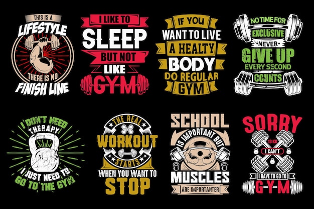 Fitness- en fitness-t-shirtontwerpbundel, gymhulpmiddelen, fitnessapparatuur