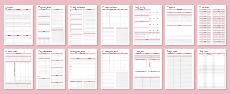 Vector fitness en maaltijd planners stellen dagelijkse wekelijkse maandelijkse workout tracker fitness doelen