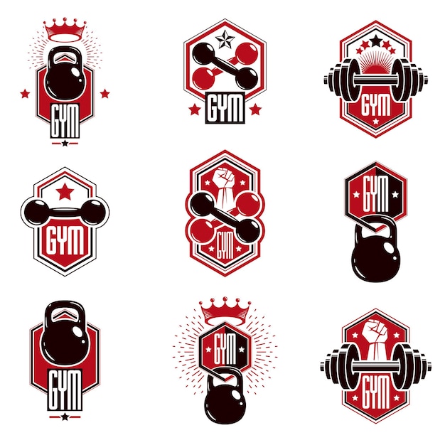 Fitness en zwaargewicht sportschool sportclub logo sjablonen, retro stijl vector emblemen set.