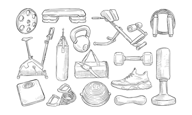 Vector fitness equipment handdrawn collection