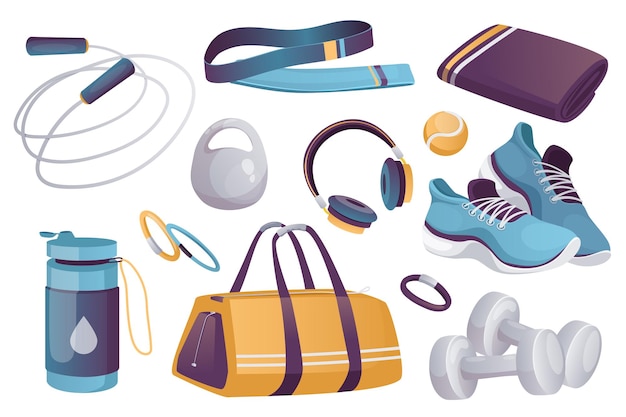 Fitness equipment set graphic elements in flat design Bundle of jumping rope towel kettlebell ball headphones sneakers water bottle bracelets and other Vector illustration isolated objects