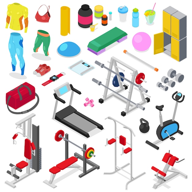 Fitness equipment vector gym machine for doing sport exercises on workout training to build body with bodybuilding weights in sportclub illustration set of sportswear isolated on white background