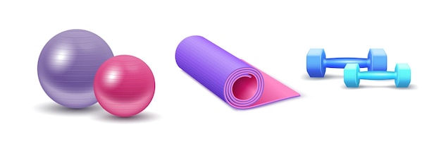 Set realistico di attrezzature per esercizi fitness: tappetino per yoga, palla in forma e pesi per allenamento e allenamento isolati su sfondo bianco. illustrazione vettoriale 3d