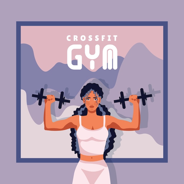 Fitness girl in gym barbells dumbbells fitness crossfit logo