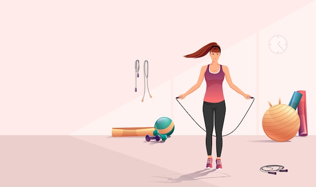 Fitness girl jumping rope sport gym Slim fit female jumps activity Athletic brunette young woman jump Active sports training workout exercise equipment Healthy lifestyle Vector illustration