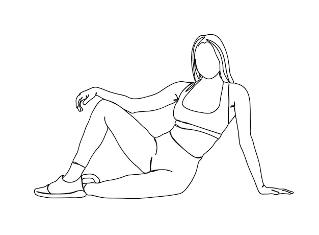 Однолинейный рисунок фитнес-девушки продолжает линейную векторную иллюстрацию