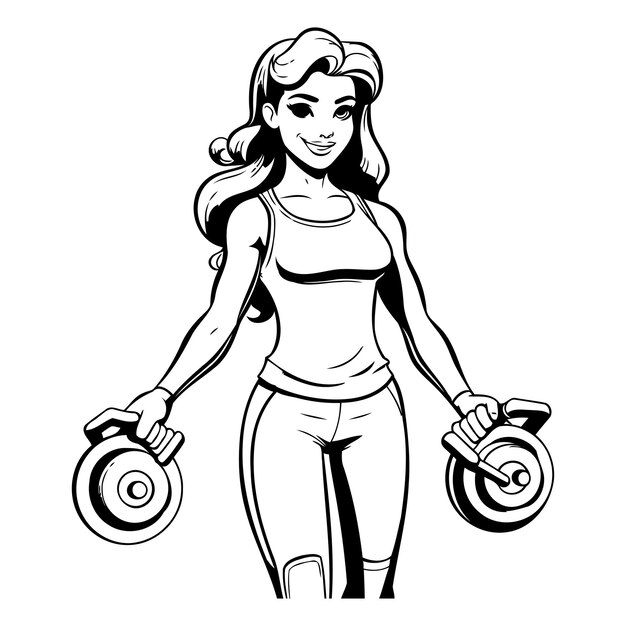 Vector fitness girl with dumbbells vector illustration in black and white