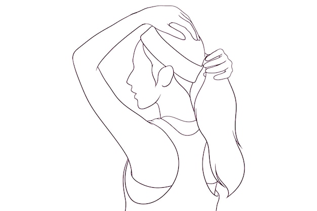 fitness girl with ponytail tying her hair hand drawn vector illustration