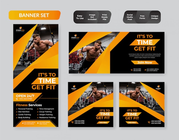 Vector fitness gym banner template set