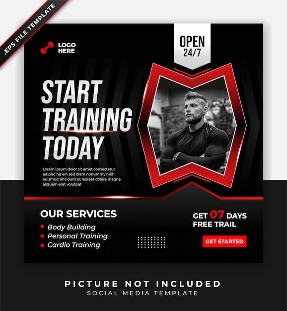 레드 블랙 색상으로 피트니스 체육관 배너 웹 포스터 소셜 미디어 및 포스트 프로모션 템플릿 디자인