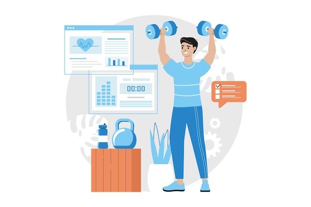 Fitness gym blue concept with people scene in the flat cartoon design Man performs physical exercises with dumbbells and monitors his health Vector illustration