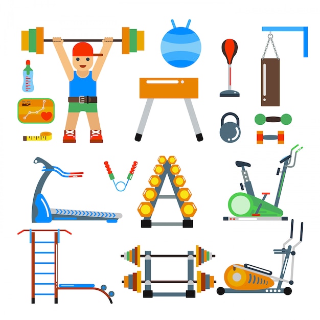 Fitness gym club vector element. athlete and sport tools. sportsman silhouette, bicycle track, damn ladder