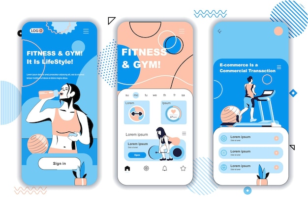 Schermate di onboarding del concetto di fitness e palestra per i modelli di app mobili che gli atleti fanno esercizio e allenamento