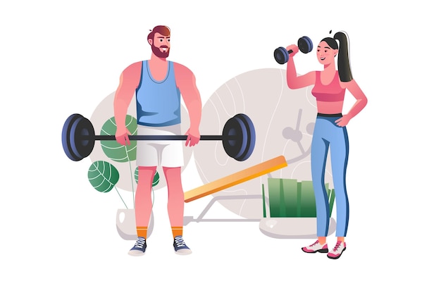 Vector fitness gym concept with people scene in the flat cartoon style young couple doing sports together
