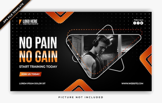 Fitness gym cover banner web poster promotion post template design with orange black background