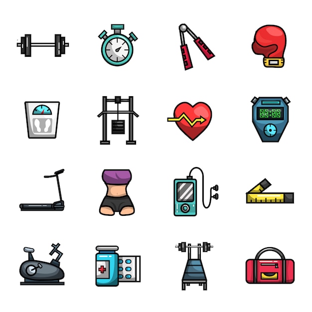 Fitness Gym Diet Workout Elements Full Color  Icon Set  