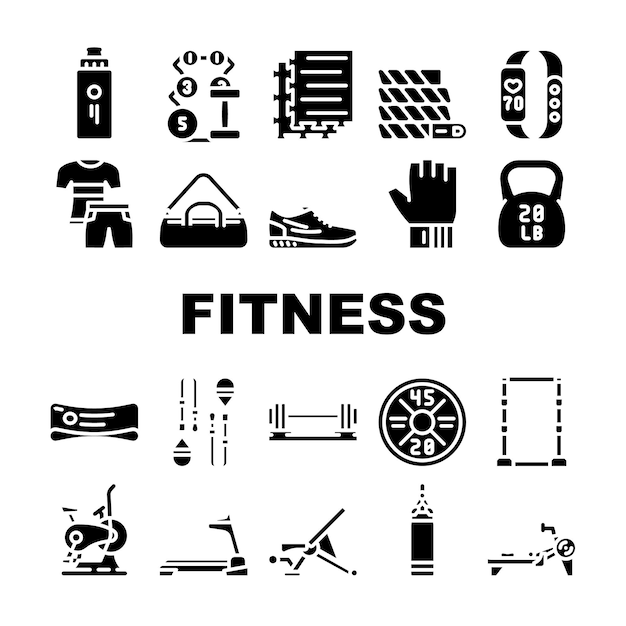 Vector fitness gym exercise icons set vector diet sport weight health healthy muscle food nutrition heart activity fitness gym exercise glyph pictogram illustrations