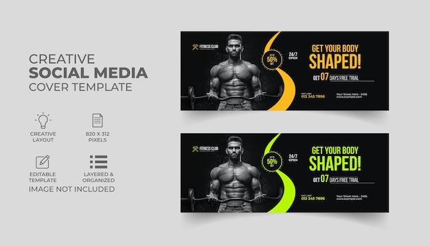 Vector fitness gym facebook cover and web banner set