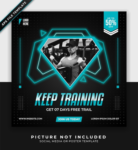 Fitness gym flyer or poster social media instagram promotion template design with neon blue light black colors