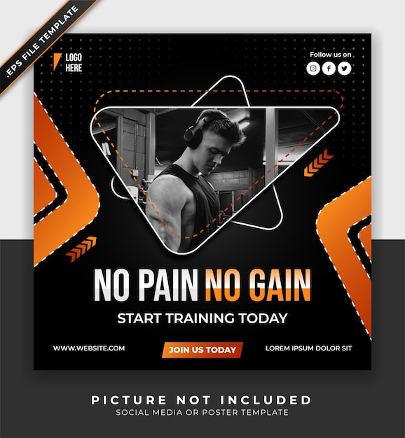 fitness gym flyer or poster social media instagram promotion template design with orange black colors