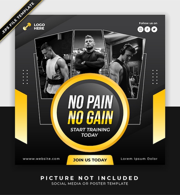 fitness gym flyer or poster social media instagram promotion template design with yellow and black colors
