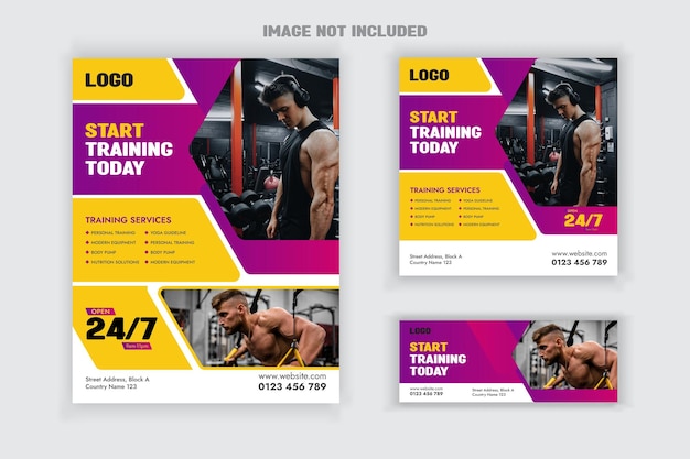fitness and gym Flyer, Social Media Post and Cover Banner Bundle Design Template