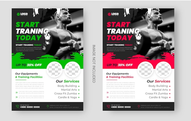 Vector fitness gym or gym and fitness flyer design template with brush shapes