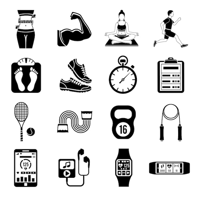 Вектор Набор плоских иконок для фитнеса, тренажерного зала и здоровья для мобильных приложений, реклама на веб-сайте, такая как вес бегуна для йоги и гаджеты