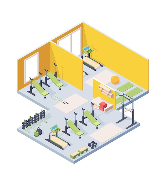 Vector fitness gym interior isometric illustration