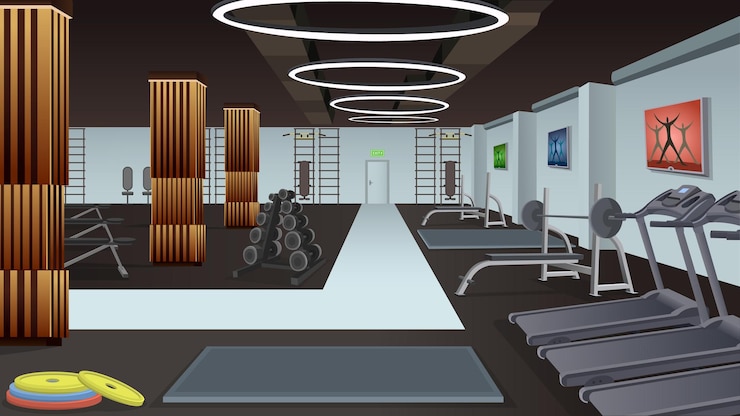 Vector fitness gym leeg interieur apparatuur loopband en barbell dumbbells professionele cardio- en trainingsstudio kamer met niemand binnen gezond en sportief levensstijlconcept vector illustratie