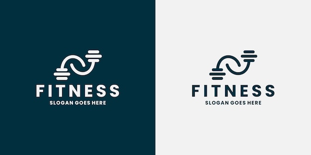 Disegno del logo della palestra fitness. braccia muscolose con concetto di bilanciere