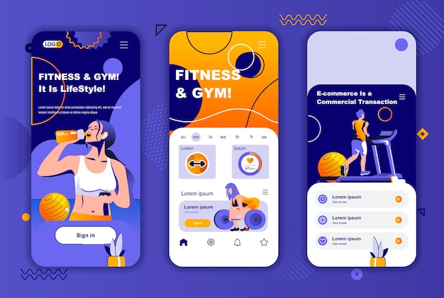 Vector fitness gym mobiele app schermen sjabloon voor verhalen op sociale netwerken