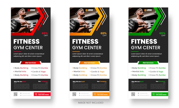 Vector fitness gym roll up banner or stand banner design template with green yellow and red color