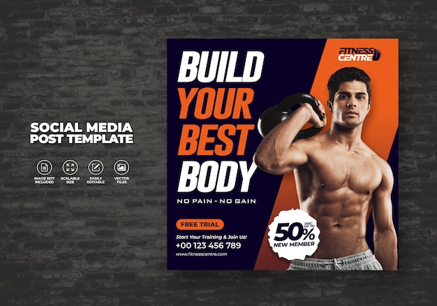 Fitness or gym social media banner or square sport studio flyer template