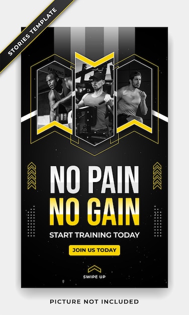 Storie di palestra fitness banner web poster social media e design modello post promozione con colori giallo nero