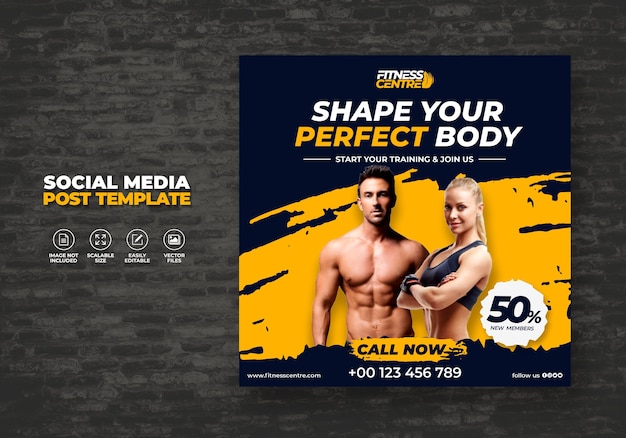 Fitness or gym studio social media banner or square sport flyer   template