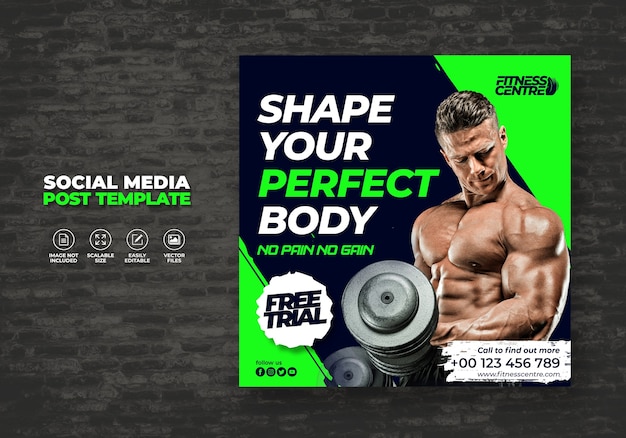 Vector fitness or gym studio social media banner or square sport flyer template