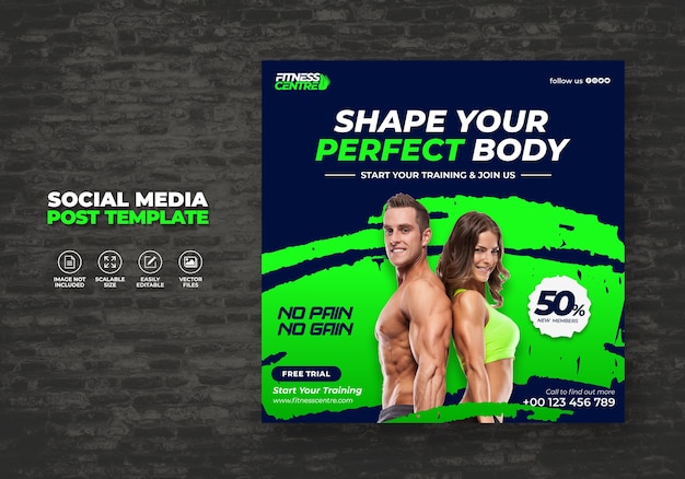 Fitness or gym studio social media banner or square sport flyer template