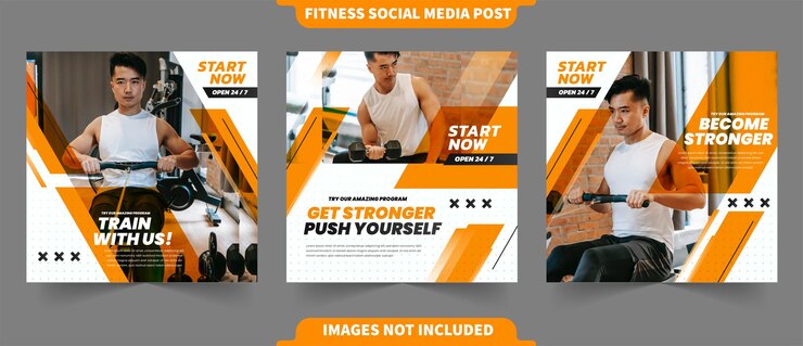 Fitness and gym training concept in orange color for instagram and social media post collection with photo template