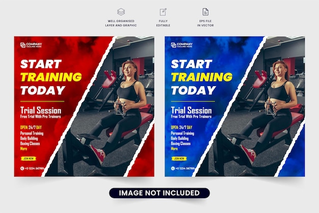 Fitness gym training social media post vector with blue and red colors Professional gym business promotional web banner design with brush effect Gym advertisement template with photo placeholders